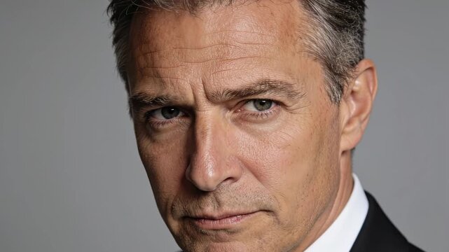Confident mature man with gray hair in a black suit looking seriously at the camera