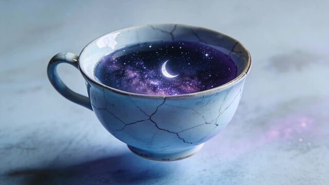 Levitating teacup containing a magic galaxy drink