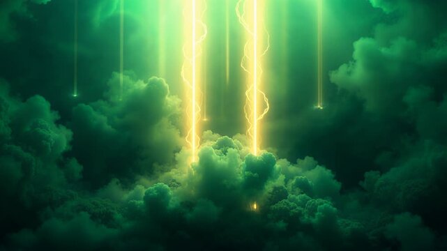 Yellow neon light beams and lightning flashes emerge from a dense, dark green cloudy sky