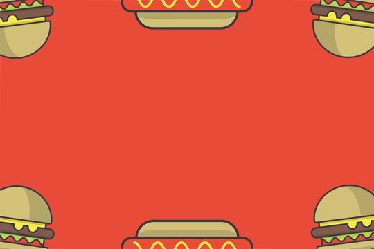 Fast food background illustration featuring a burger and hot dog frame on a vibrant red backdrop. A modern vector template with central copy space for restaurant menus, flyers, and deals.
