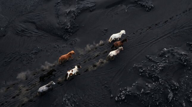 Aerial View of Wild Horses Running on Black Sand