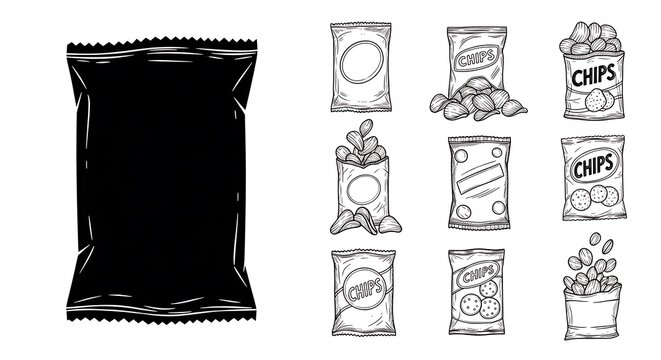 Black chips package and outline chip bags illustrations for design elements