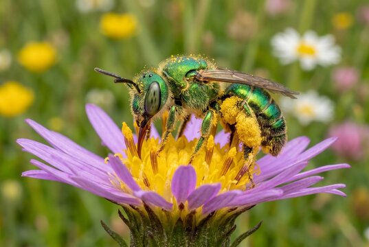 Metallic green sweat bee covered in yellow pollen foraging on purple flower