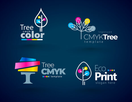 Set logos Printing theme.  Abstract Tree Cmyk Colors. Template design vector. Black background