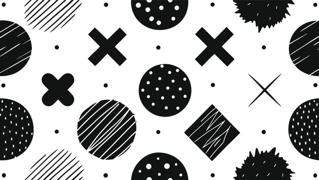 Black and white abstract geometric pattern with circles and crosses on white background