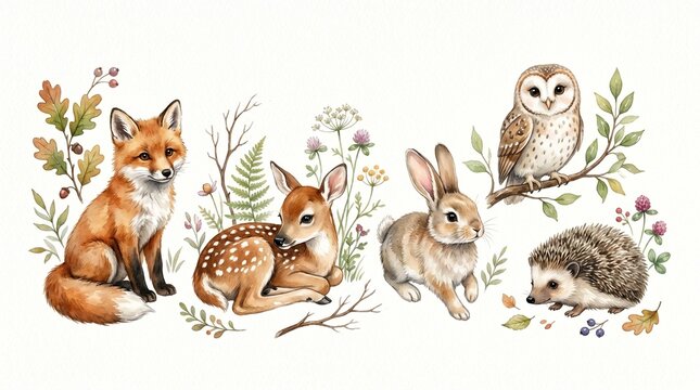 Charming watercolor woodland animals, a delightful collection of forest creatures, including a fox, deer, rabbit, owl, and hedgehog, perfect for nature-themed designs and children's