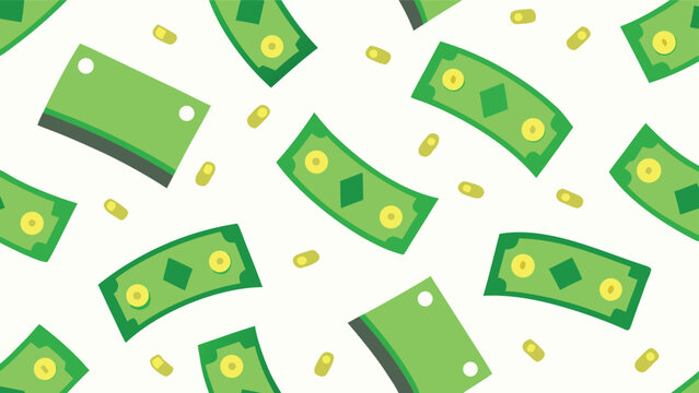 Falling green cash bills and gold coins seamless pattern on white background