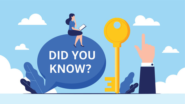 Professional woman sits on a large blue speech bubble reading a tablet next to a massive golden key to success.
