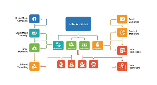 Vector audience analysis, total audience segmentation, customer targeting flowchart, marketing demographics