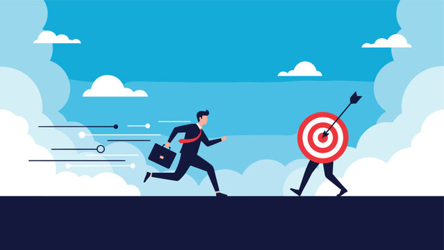 Focused businessman with a briefcase runs towards a moving target with legs, representing the constant pursuit of professional goals.