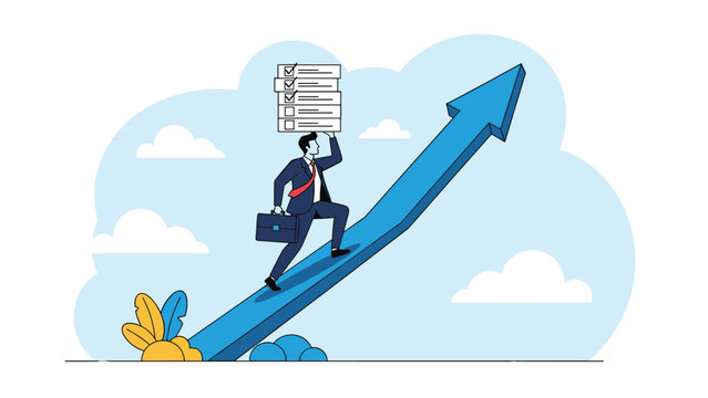 Businessman carries a stack of papers while walking up a rising blue arrow, representing the hard work needed for professional growth.