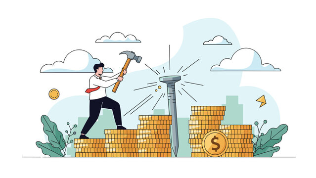 Businessman uses a hammer to drive a giant nail into a stack of gold coins, representing hard work in building wealth and stability.