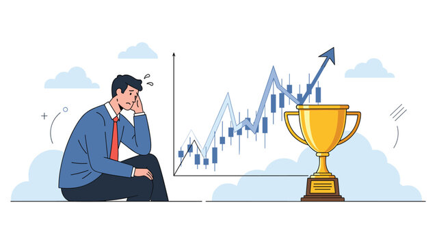 Stressed businessman sitting near rising financial graph and golden trophy symbolising the pressure of achieving high corporate goals.