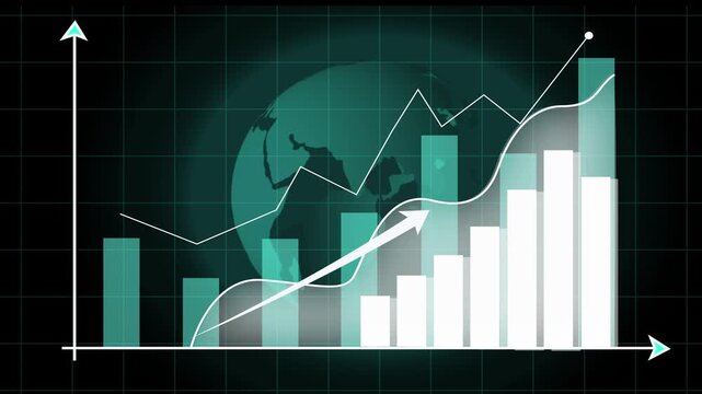Bar chart animation with earth globe overlay. Bar chart teal financial growth and bars. Bar chart global business success graphic on black background.