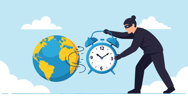 Burglar in a mask stealing time by carrying a giant alarm clock away from the planet earth representing global time management issues.