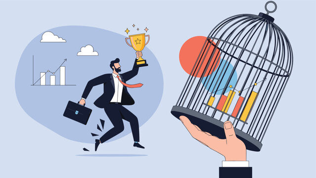 Triumphant businessman running with trophy while breaking away from a birdcage containing financial charts representing economic freedom.