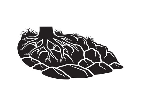 Rocky terrain roots silhouette with textured wilderness environment 