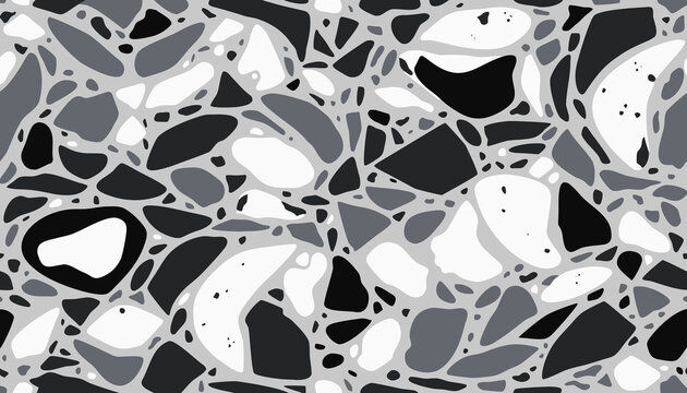 Dense marble terrazzo pattern with interlocking black and white organic stone pieces