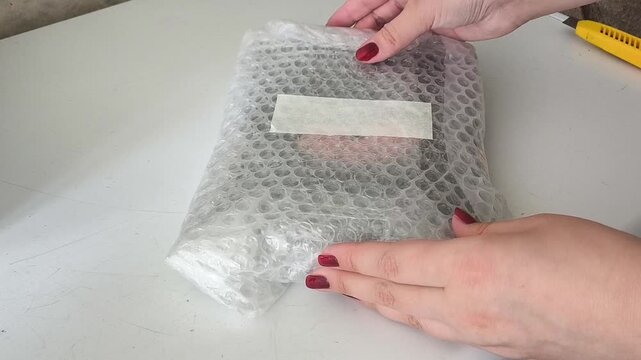 Top view of hands opening transparent package with white stripe and bubble wrap texture. Simple parcel unpacking scene on gray background.