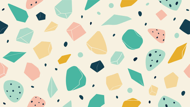 Seamless pattern with geometric terrazzo fragments and scattered dots