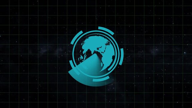 Earth globe animation with teal radar scan. Earth globe global tracking on starry background. Earth globe technology graphic on black background.