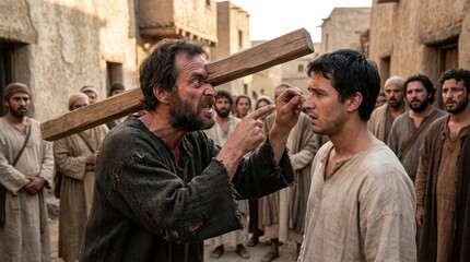 Obraz premium A man with a huge wooden beam in his own eye is angrily pointing at another man, trying to remove a tiny splinter. Bible story.