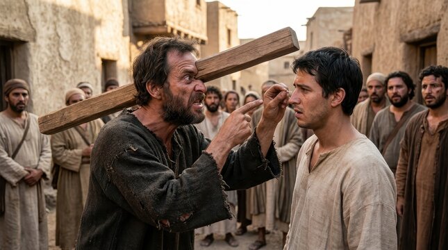 A man with a huge wooden beam in his own eye is angrily pointing at another man, trying to remove a tiny splinter. Bible story.