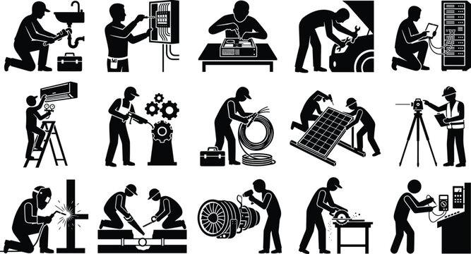 Industrial Repair And Maintenance Technician Silhouette Vector Icon Collection