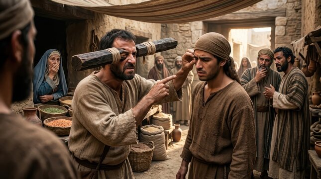 A man with a huge wooden beam in his own eye is angrily pointing at another man, trying to remove a tiny splinter. Bible story.