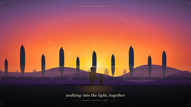 Father and Child Silhouette Walking into Sunset on Father's Day Animated Greeting Card