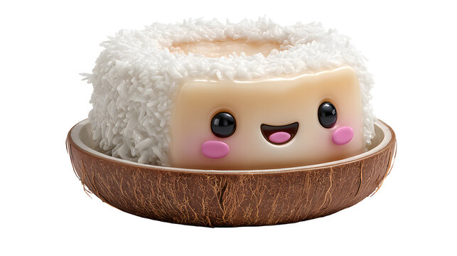 Cartoon nian gao dessert with coconut and happy face in bowl sweet food