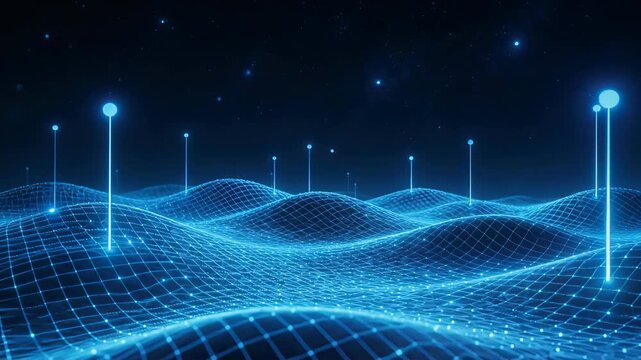 Digital landscape with glowing grid and poles