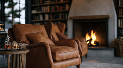 Fototapeta premium Luxury interior of a private library in late afternoon, cognac-colored leather armchairs angled toward a fireplace, a tray with a decanter and two glasses on the side table,