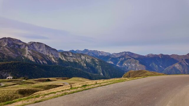 Driving up the Col d'Aubisque, France. Mountain pass in the French Pyrenees massif, symbol of the Tour de France in Bearn, France. Driving from Eaux-Bonnes to Gourette