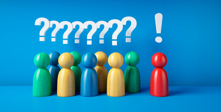 Wooden colorful figurines in a group with question marks and exclamation mark above, one red figure stands out as leader or speaker on blue background - 3D illustration