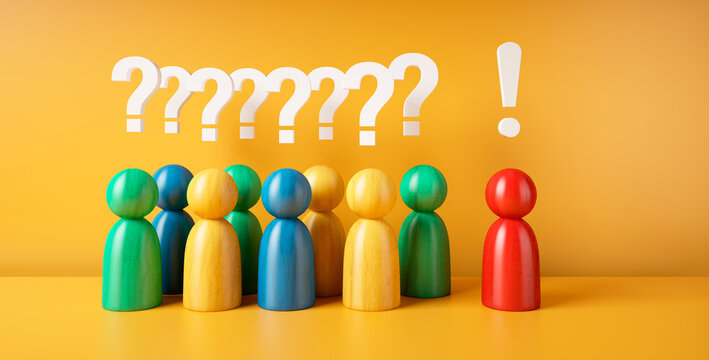 Wooden colorful figurines in a group with question marks and exclamation mark above, one red figure stands out as leader or speaker on yellow background - 3D illustration