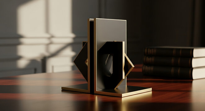 Modern bookends holding books on wooden table with book arrangement