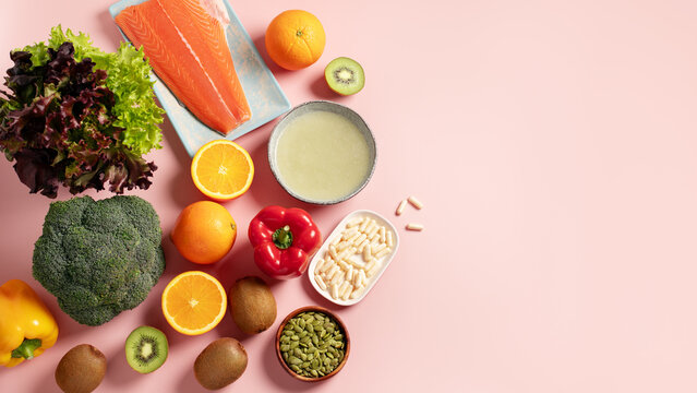 Collagen rich food and supplement border banner, skin nutrition concept, copy space