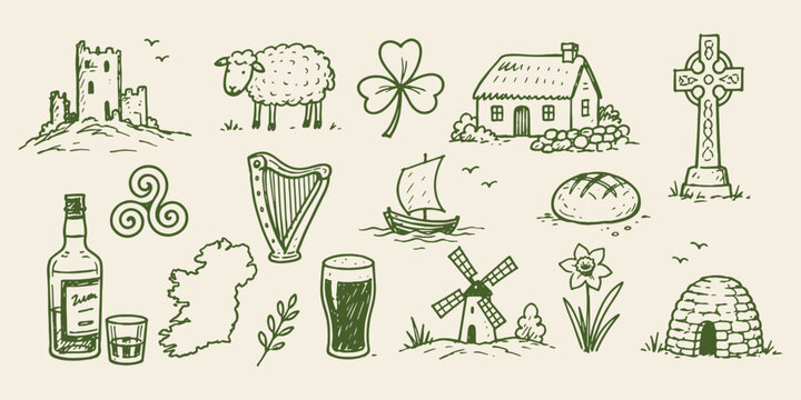 Ireland Travel Symbols Green Ink Sketch Set Vector
