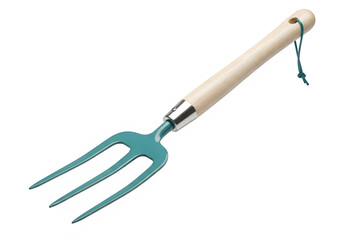 Fototapeta premium teal hand garden fork tool with wooden handle and metal cultivator head for planting and soil maintenance on transparent background