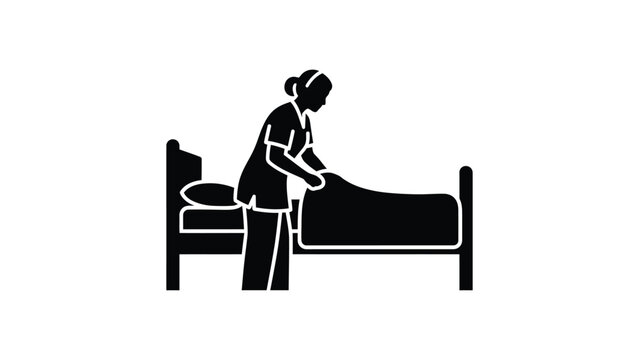 Black silhouette icon of a maid making a bed in a hotel room.