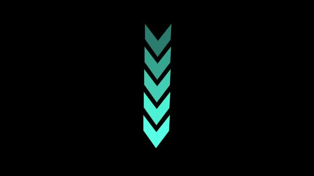 Chevron arrows animation with teal neon light. Chevron arrows digital direction pointing down. Chevron arrows technology interface graphic on black.