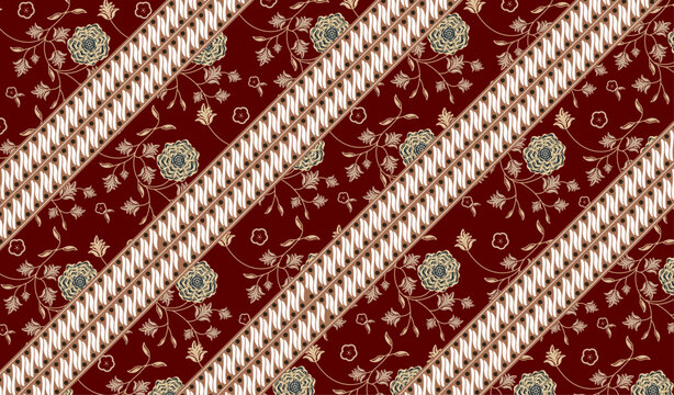 Traditional Red Batik Seamless Pattern with Diagonal Floral and Parang Motif