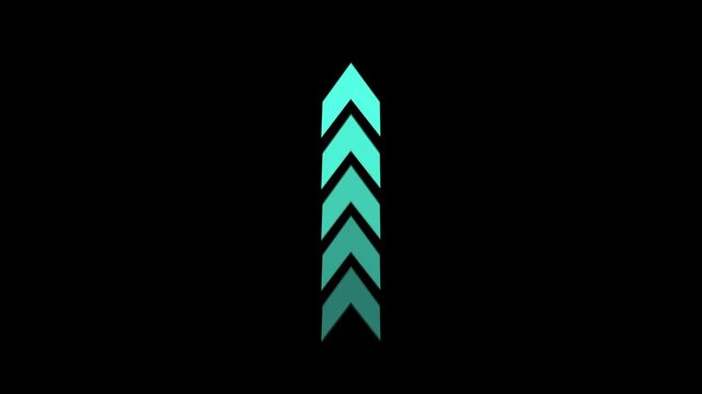Chevron arrows animation with teal neon light. Chevron arrows digital direction pointing up. Chevron arrows technology interface graphic on black.