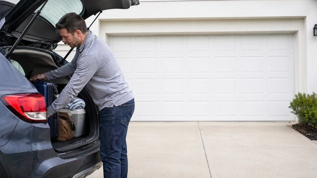 Man packing car with luggage in driveway of suburban home  