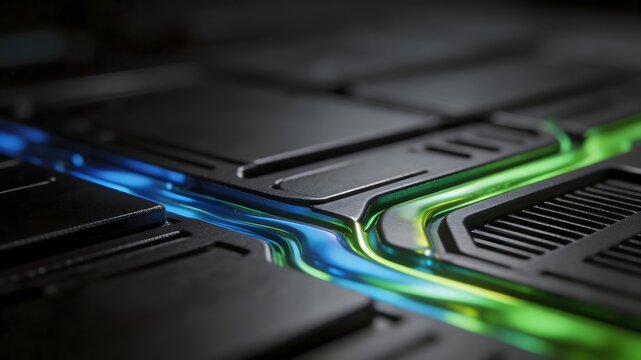 Macro matte black surface with pulsing cyan liquid metal matrix