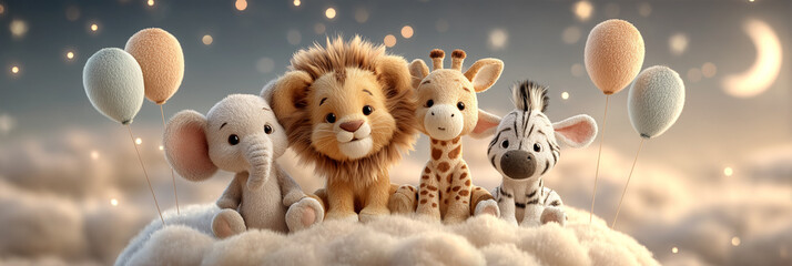 Obraz premium A Group of Adorable Baby Animals Sit on a Soft Cloud With Pastel Balloons Under a Dreamy Starry Sky, Perfect For Calming Nursery Decor. Generative Ai.