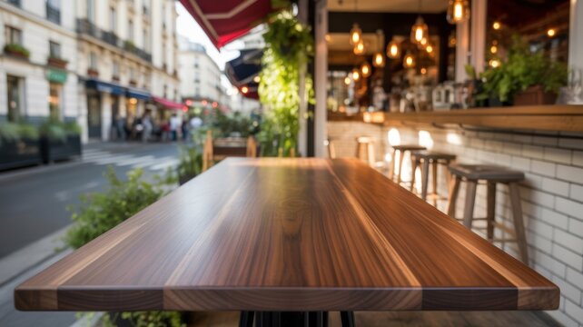 Polished dark wooden table surface waiting for customers in a cozy open air Parisian street cafe during the golden hour of a calm summer evening
