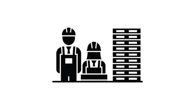 Black and white icon showing two construction workers standing next to a stack of pallets.