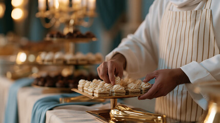 Obraz premium An event caterer arranges a tiered stand of miniature Eid celebration sweets in a ballroom venue, elegant uplighting casting warmth across the linen-covered buffet table, gilded